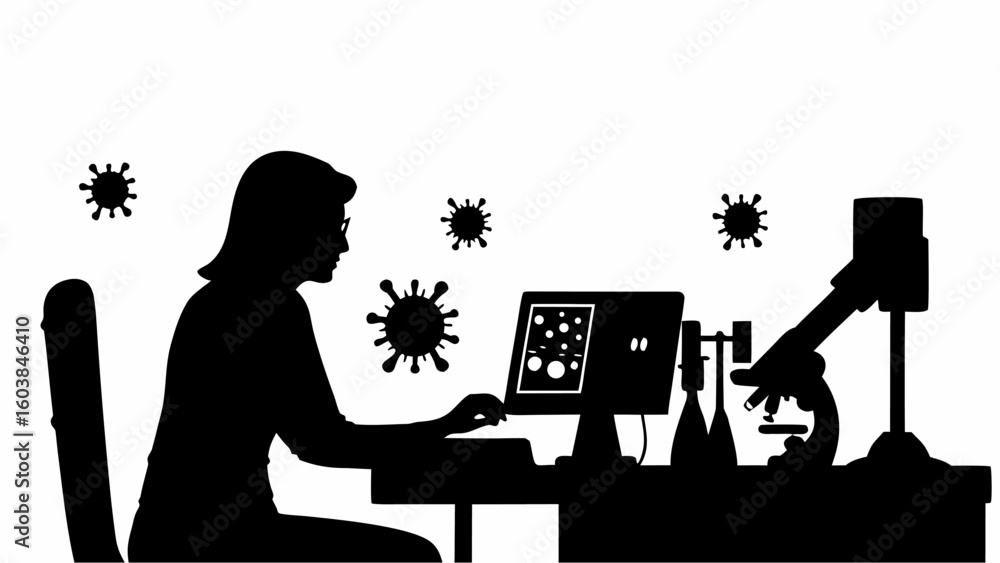 Poster silhouette of scientist working at computer and microscope with virus particles in the background