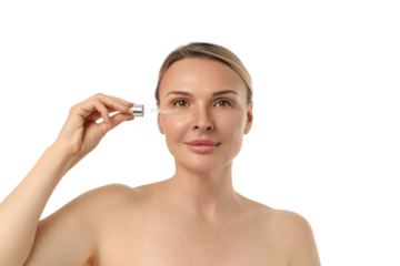 Woman performs skincare regimen with serum, isolated on white, PNG