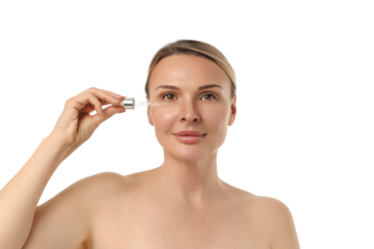 Woman performs skincare regimen with serum, isolated on white, PNG