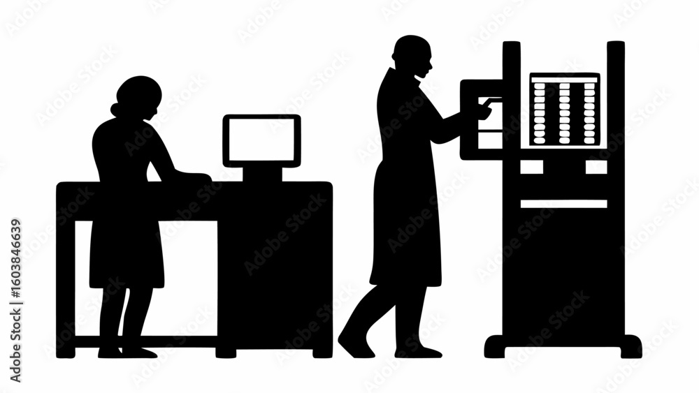 Poster two people working with computers and machinery in a factory setting depicted in silhouette form