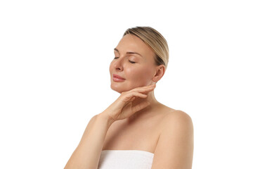 Woman applying skincare, calm and serene, isolated on white, PNG