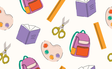 Back to school stationery seamless pattern. Cartoon school supplies. Geometric elements, book, backpack, ruler, scissors, paints for education, study, sticker, banner. Flat hand drawn vector illustrat