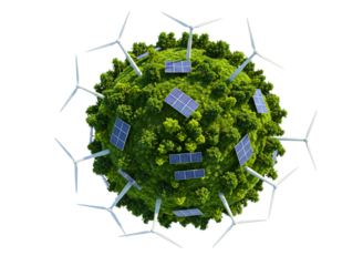Green earth with solar panels and wind turbines isolated on transparent background