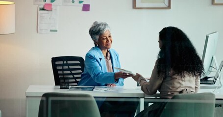 Business woman, handshake or interview with documents for application or registration in office. Female person, accountant or financial advisor shaking hands with client for loan agreement or deal