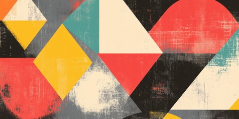 Fototapeta premium Abstract geometric shapes in retro style with textured background featuring yellow, red, teal and gray colors. Vintage modern art pattern for creative projects.