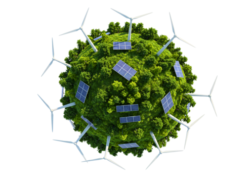 Green earth with solar panels and wind turbines isolated on transparent background