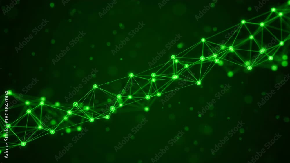 Poster a green network of interconnected nodes and lines against a dark background, symbolizing digital con