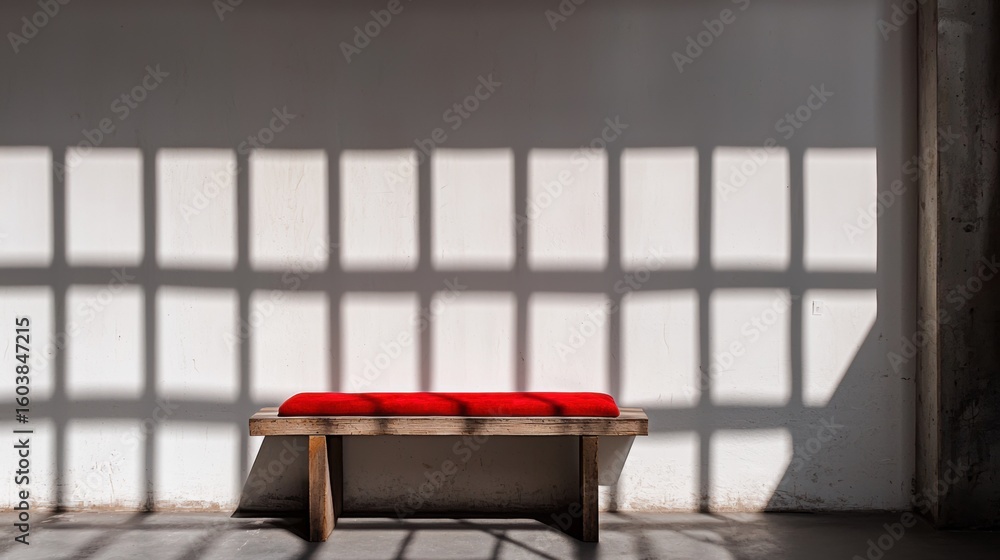Aufkleber a red bench sits in front of a white wall with a grid pattern.