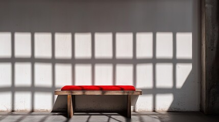 A red bench sits in front of a white wall with a grid pattern.