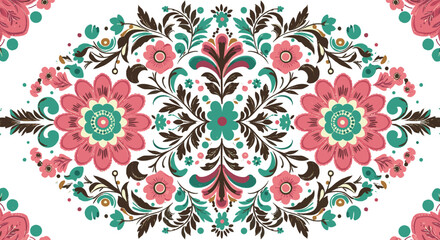 Intricate floral pattern, colorful vector design, symmetrical flower motif, textile illustration, decorative artwork, seamless repeat, fashion cad drawing, ornamental elements