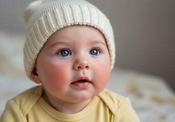 Adorable Baby Wearing a White Hat Looking Curiously at the Camera