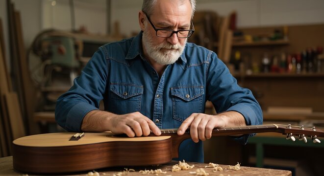 Skilled, expert and professional carpenter creating a guitar with wood in a workshop. Senior male craftsman, handyman or artisan making a handmade wooden instrument in a woodwork and carpentry shop