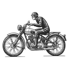 Obraz premium Vintage motorcyclist riding classic motorcycle in helmet and suit, detailed black and white retro illustration art.