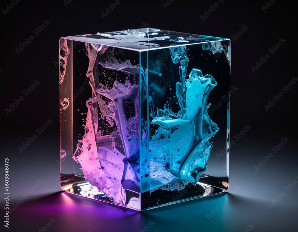 Poster a clear, solid cube encapsulates swirling, dynamic liquids frozen in time, exhibiting vibrant gradie