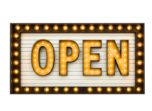 Vintage marquee open sign isolated on transparent background