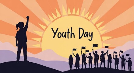 Silhouette of a kid with raised fist and people holding flags celebrating International Youth Day at sunrise. Youth empowerment concept.