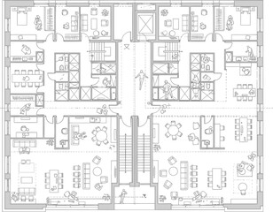 Detailed architectural floor plan drawing of a multi story residential building with multiple apartments and common areas