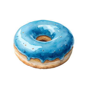 Naklejki Watercolor donut with blue glaze and sprinkles on transparent background