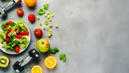 Healthy lifestyle concept with fruits and workout equipment