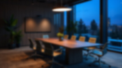 blurry image of office room at night, there is a large meeting table, modern theme, Evergreen, blur wallpaper.