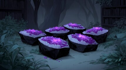 Seven raw sushi rolls with purple crystal filling and glowing centers in a dimly lit garden