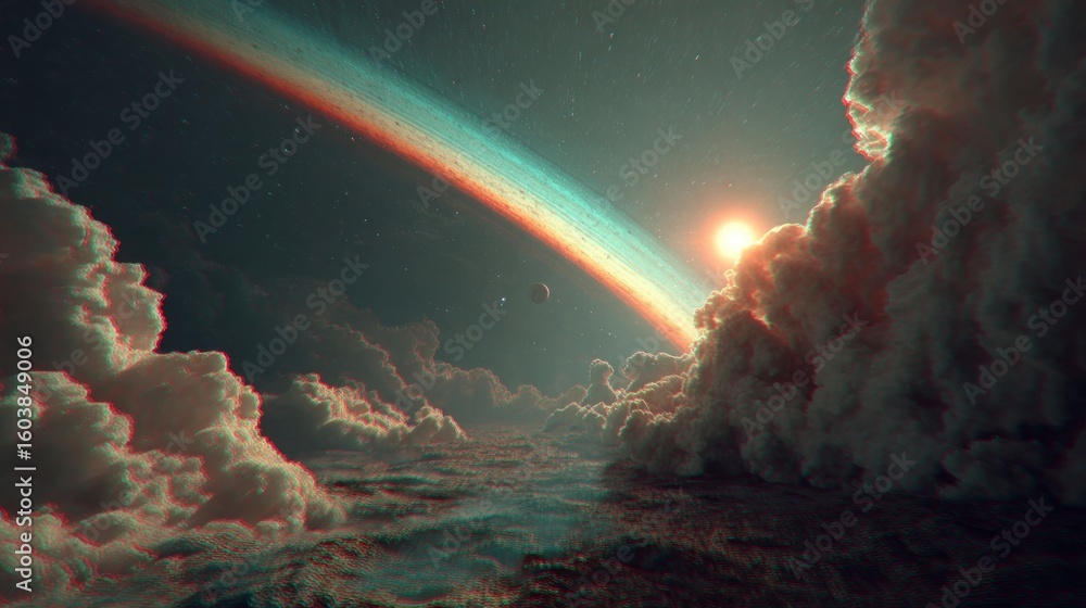 Poster distant planet with rings and moon seen through clouds over a textured surface