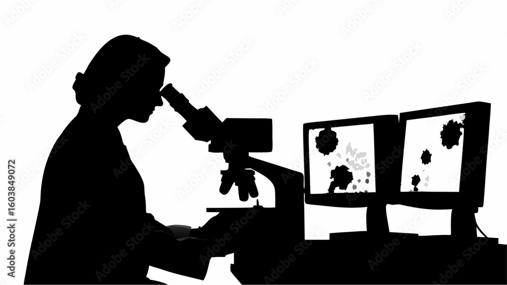 Poster silhouette of scientist using microscope with two monitors displaying virus cells in a laboratory se