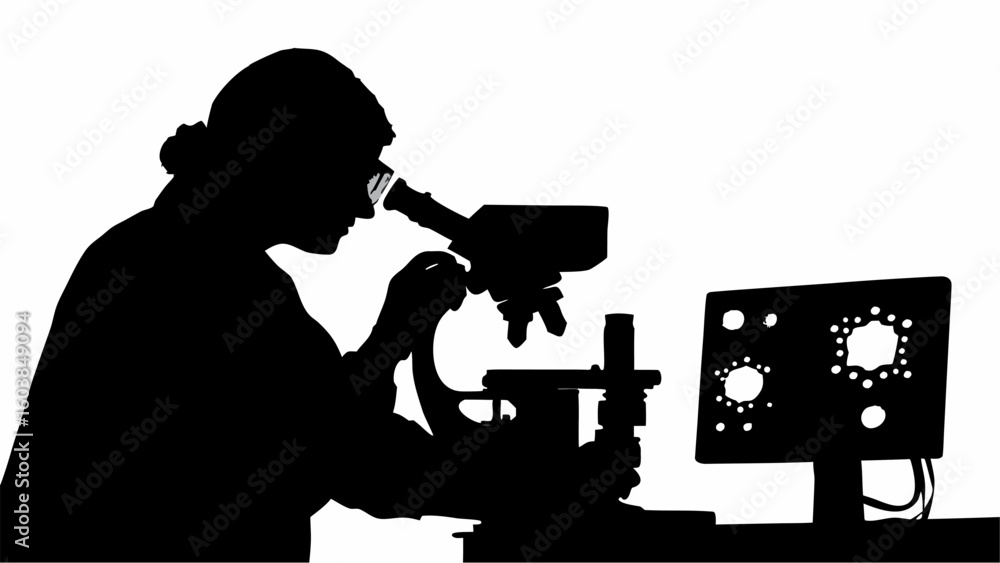 Poster silhouette of a scientist using a microscope in a laboratory setting with monitor displaying results