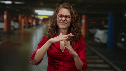 Woman making timeout gesture in indoor parking, expressing pause or break, young and smiling with...