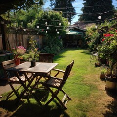 Sunny backyard oasis with wooden furniture, string lights, and lush greenery