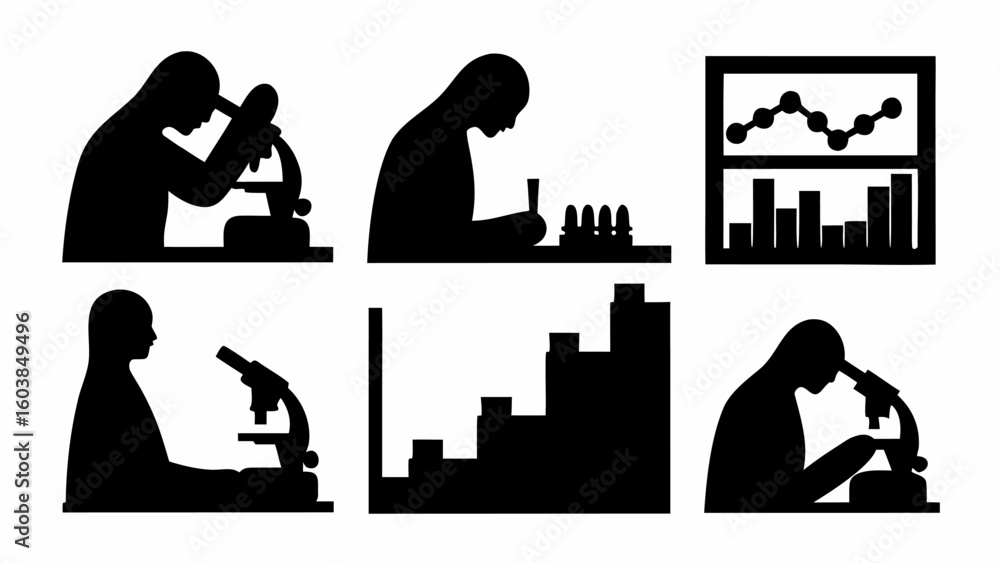 Poster illustrations showing scientists working with microscopes and analyzing data in charts and graphs fo