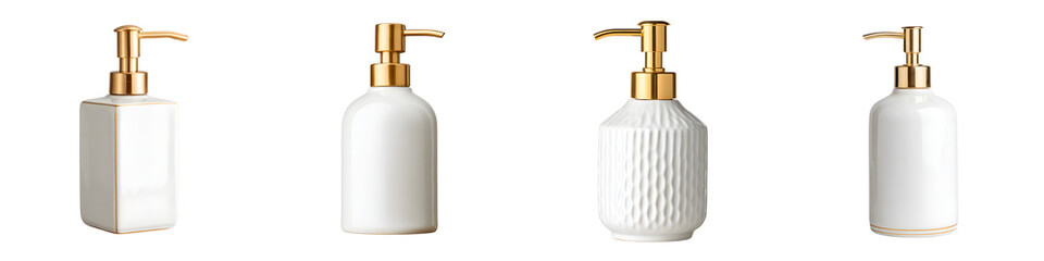 Obraz premium Ceramic Soap Dispensers with Gold Pumps: Modern Bathroom Accessories on White
