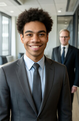 A confident, smiling businessman in a suit stands professionally, an executive radiating success and happiness in the office
