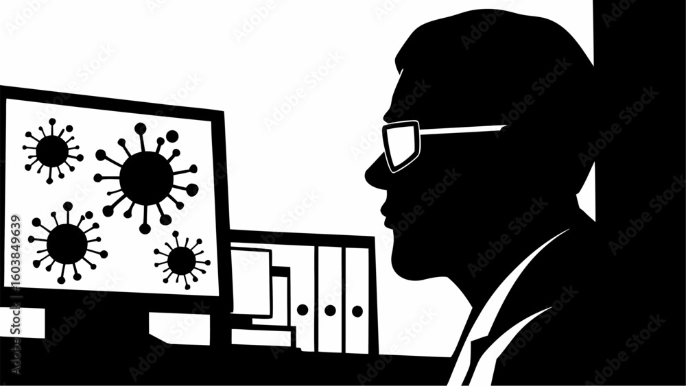 Poster silhouette of a man with glasses looking at a computer screen displaying virus like structures in bl