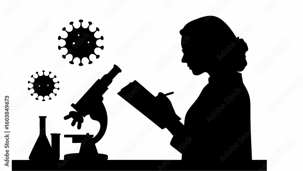 Poster silhouette of a scientist with microscope, flask, clipboard and viruses in a laboratory setting