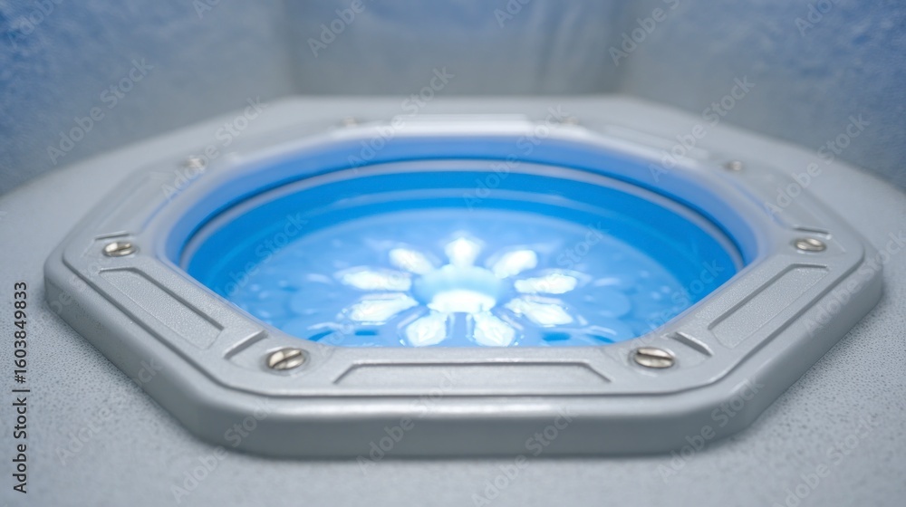 Aufkleber close up of a glowing blue futuristic device with a hexagonal metallic frame and visible screws