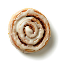 A freshly baked cinnamon roll topped with a generous layer of white icing, presented against a clean white background.