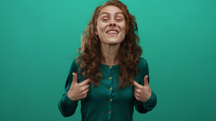 Woman expressing excitement with lively gestures against a vibrant green background, highlighting...