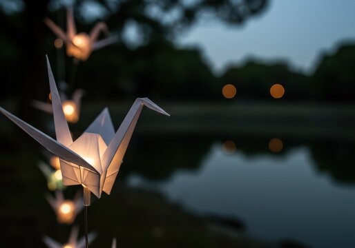 Close up paper cranes with light bulbs on nature background at sunset. Origami crane as a symbol of peace. Hiroshima Peace Memorial Day concept for banner or poster.	
