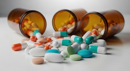 Assorted Pills and Capsules Spilled from Amber Bottles on Clean White.
