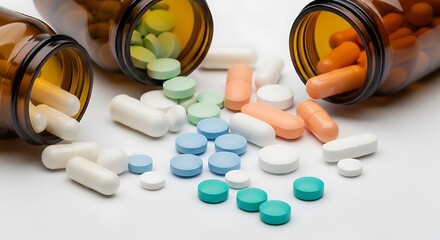 Variety of Spilled Pills and Capsules from Amber Bottles on White.