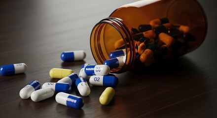 Assorted Pills and Capsules Spilled from Brown Bottle on Dark Wood.