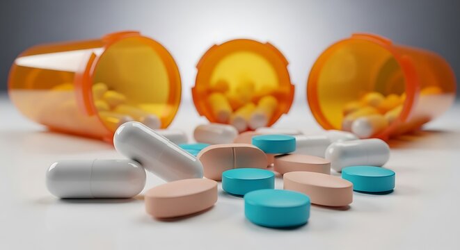 Diverse Pills and Capsules Spilled from Orange Prescription Bottles.