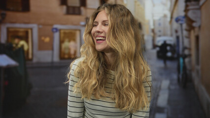 Fototapeta premium Woman hair smile on street portrays blonde young happy candid city natural moment.