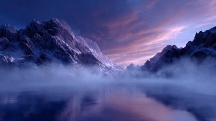 Fototapeta premium Snow covered jagged mountain peaks shrouded in mist above a calm reflective lake at dusk