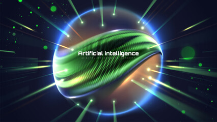 Futuristic background with green glowing particle elements and AI numerical calculations. Artificial intelligence deep learning technology and data flow design.