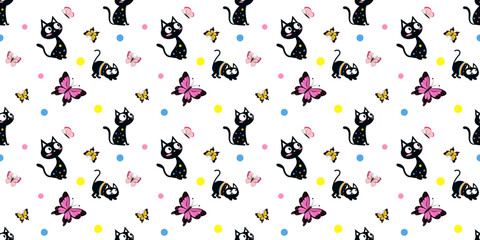 Seamless pattern with cute black cats and butterflies, vector illustration
