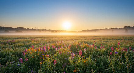 Fototapeta premium Sunrise over a flower meadow with morning mist, creating a serene and picturesque landscape.