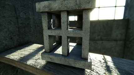 A concrete block with a grid pattern sits on a wooden shelf, casting a shadow on the wall behind it.