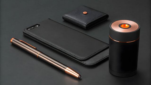 Black and copper tech accessories on dark background